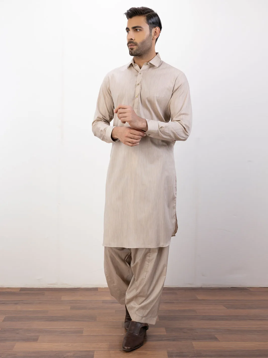 Beige Cotton Kameez Shalwar - ALWA-KS-386