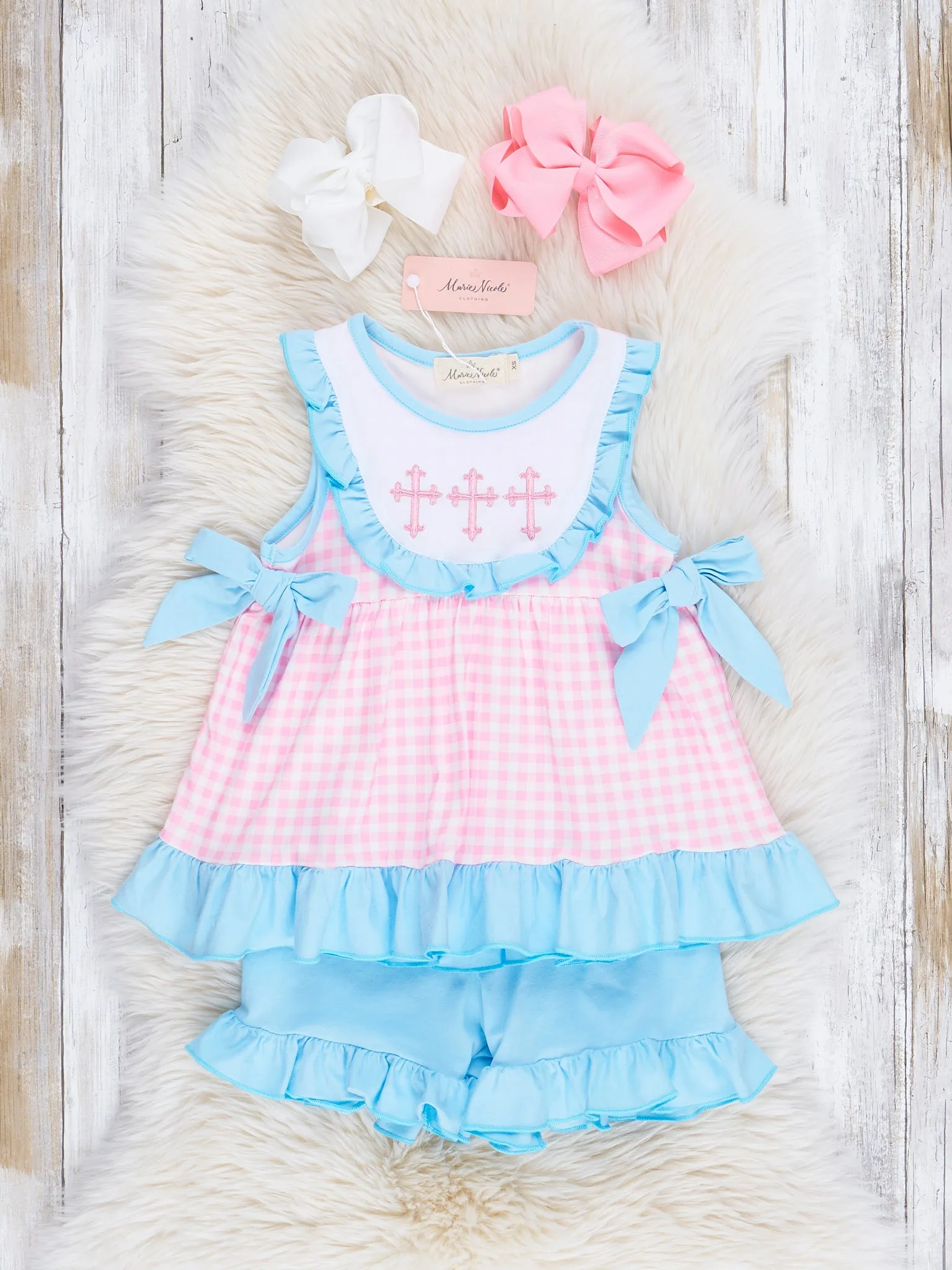 Blue & Pink Gingham Cross Ruffle Outfit