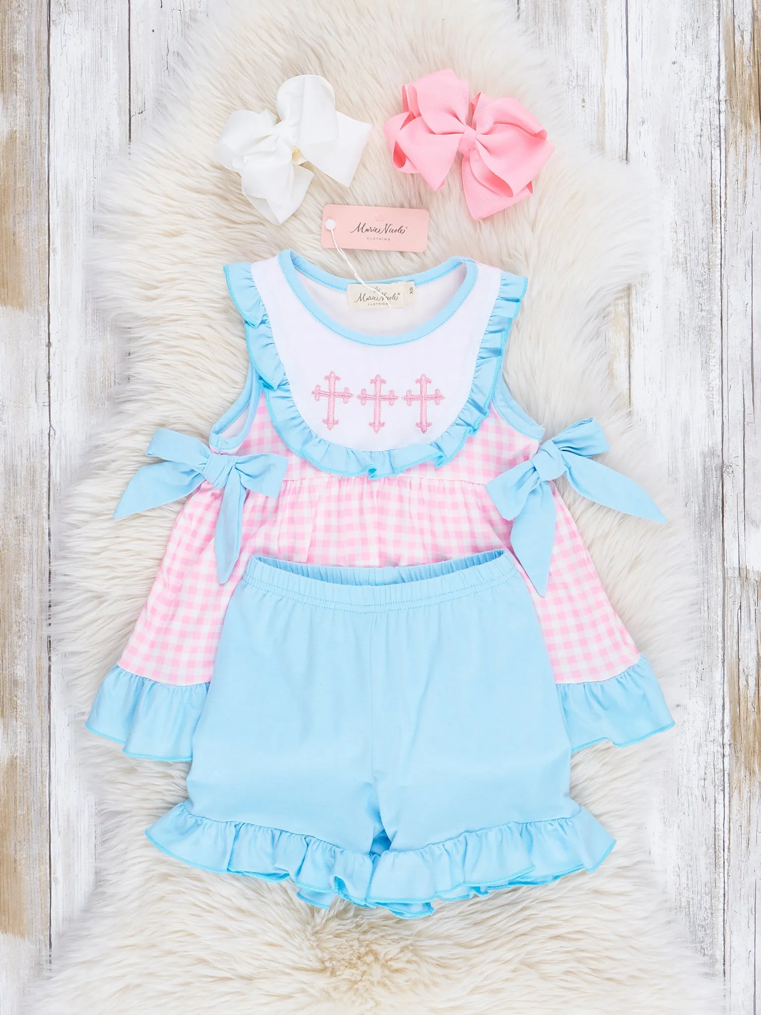 Blue & Pink Gingham Cross Ruffle Outfit