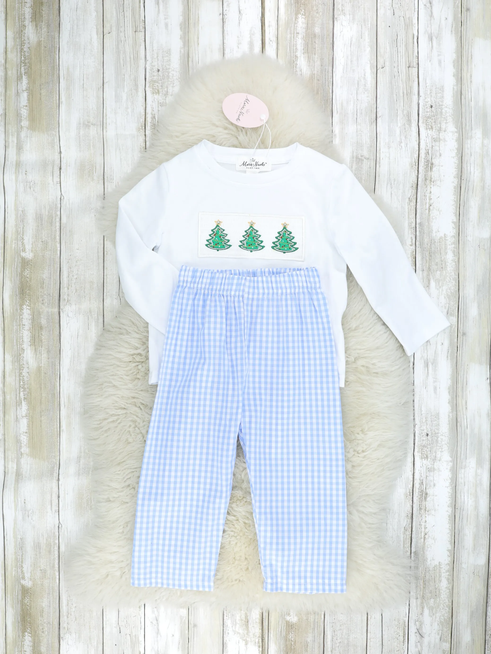 Blue Gingham Christmas Tree Smocked Outfit