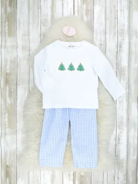 Blue Gingham Christmas Tree Smocked Outfit