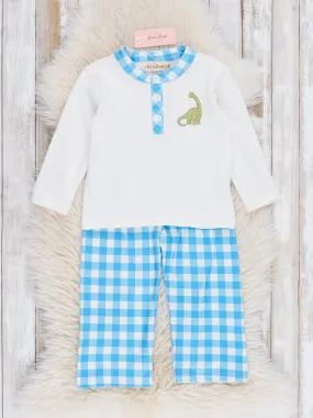 Blue Gingham Embroidered Dinosaurs Outfit