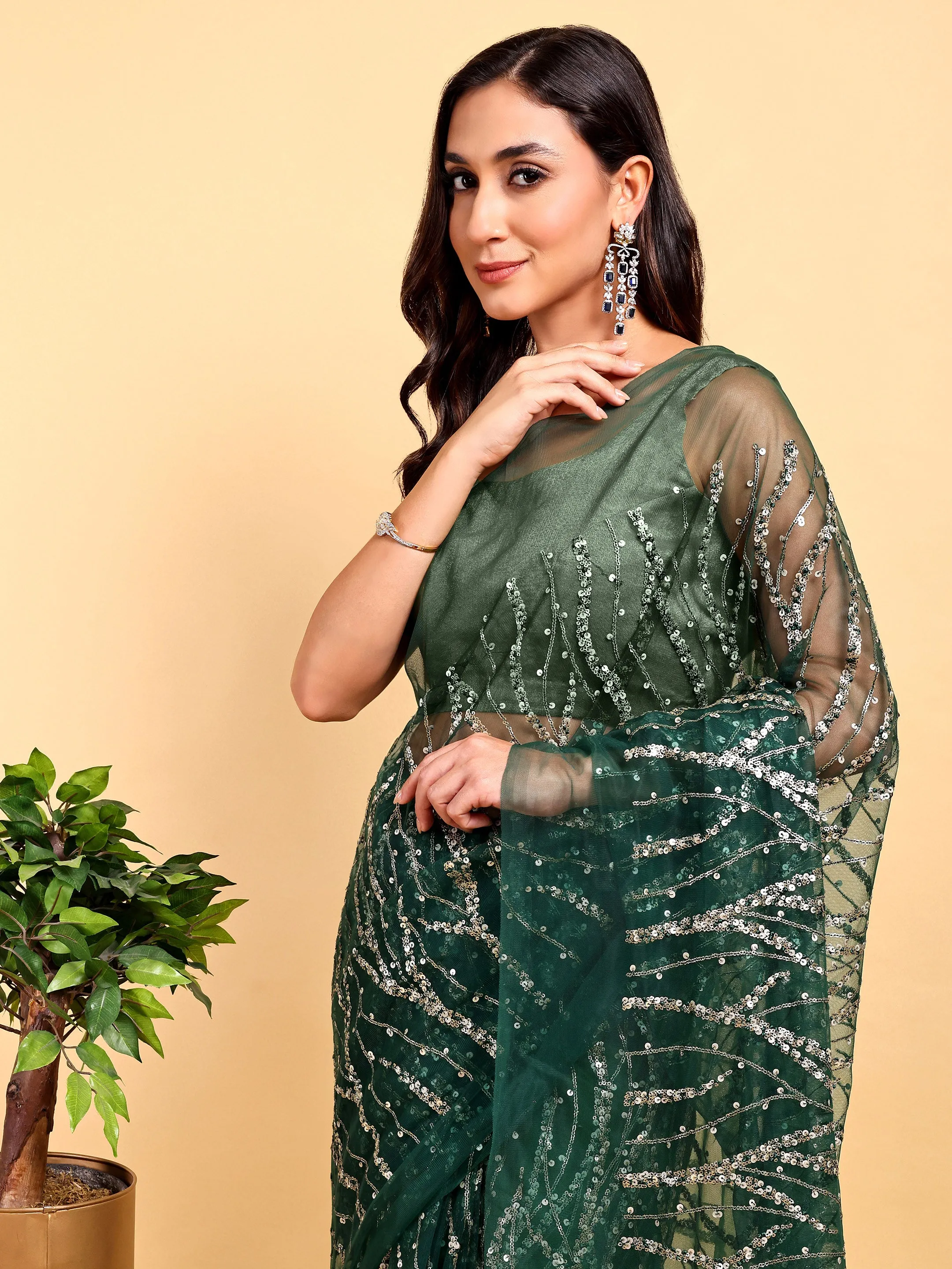 Bottle Green Saree Set (2 Piece)