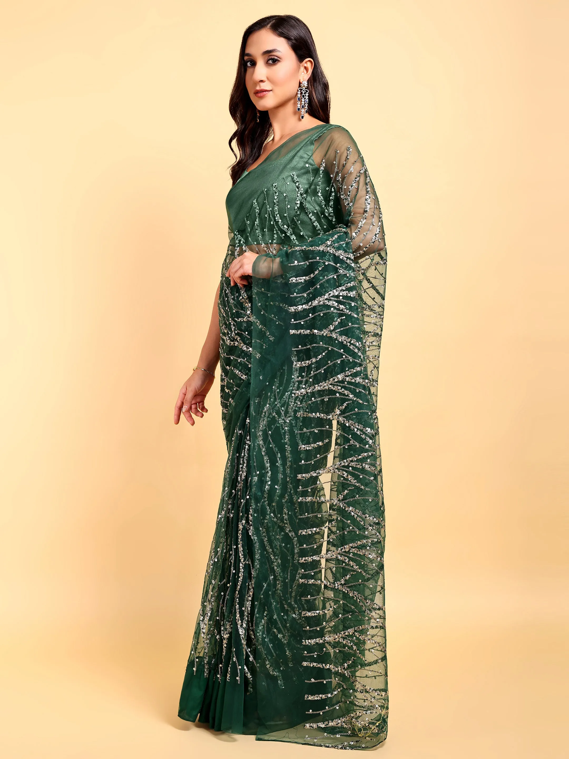 Bottle Green Saree Set (2 Piece)