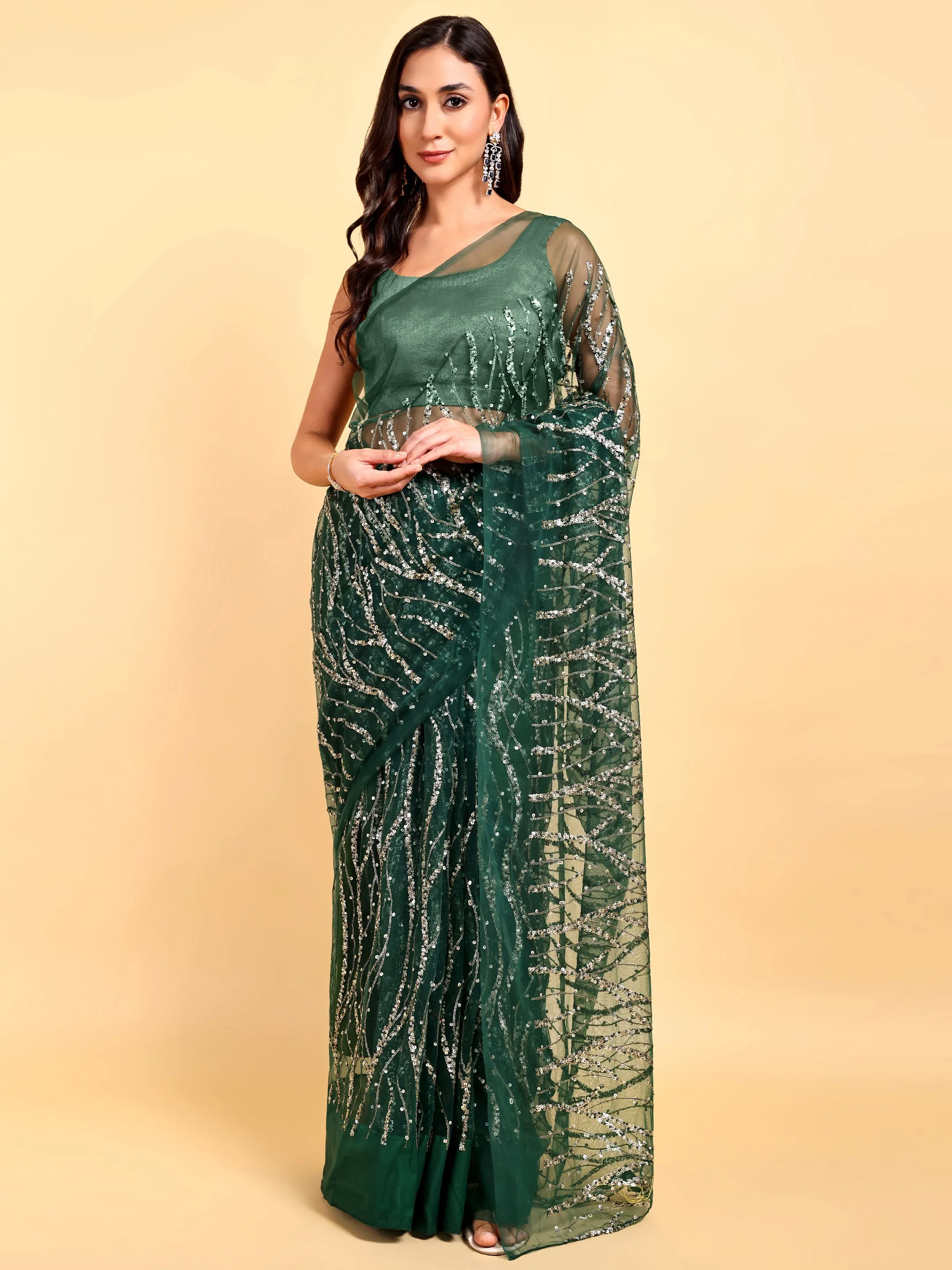 Bottle Green Saree Set (2 Piece)