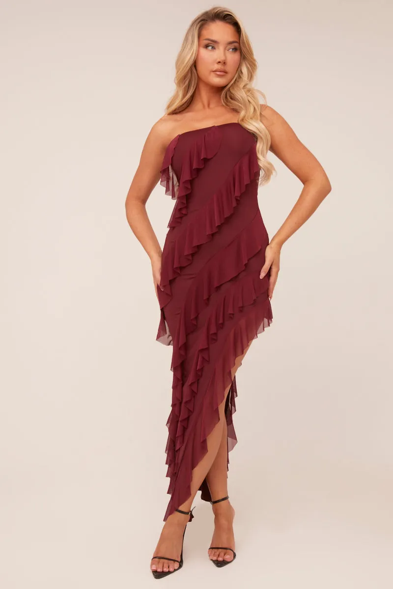 Burgundy Bandeau Frill Detail Maxi Dress - Gillian