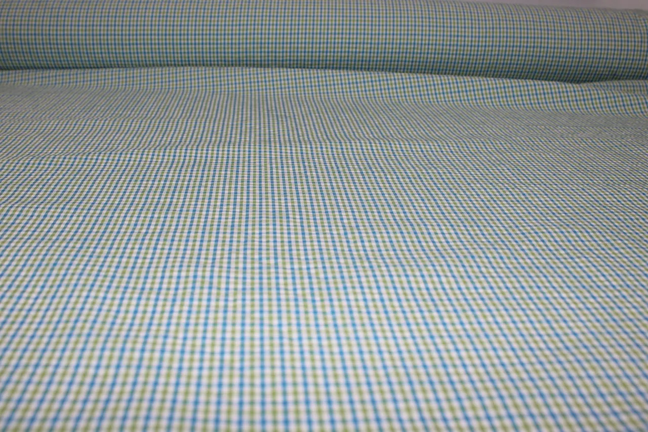 Cotton Gingham Seersucker - Blue/Green/White