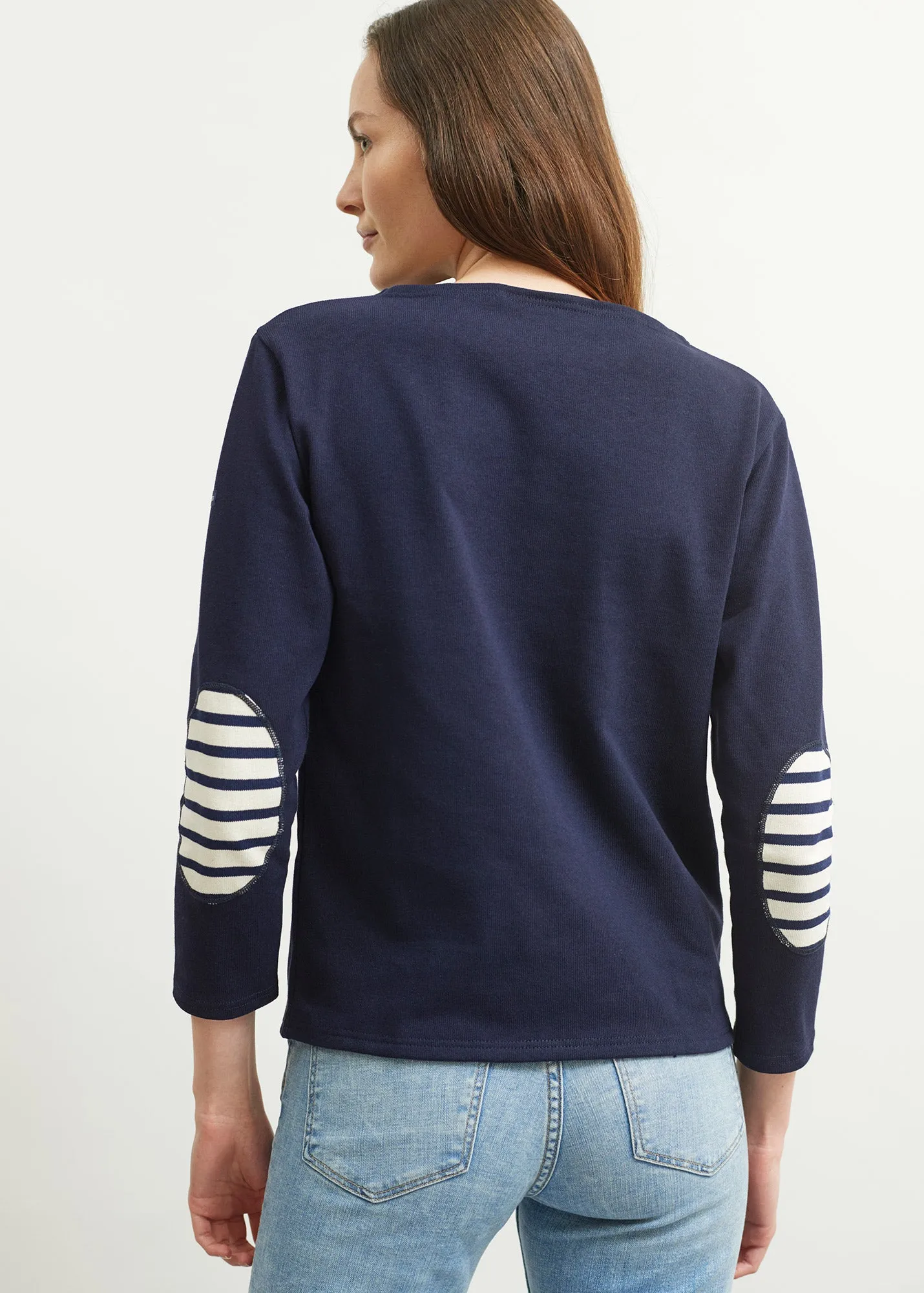 Guildo boat neck sailor shirt - striped elbow patches, in thick cotton (NAVY)