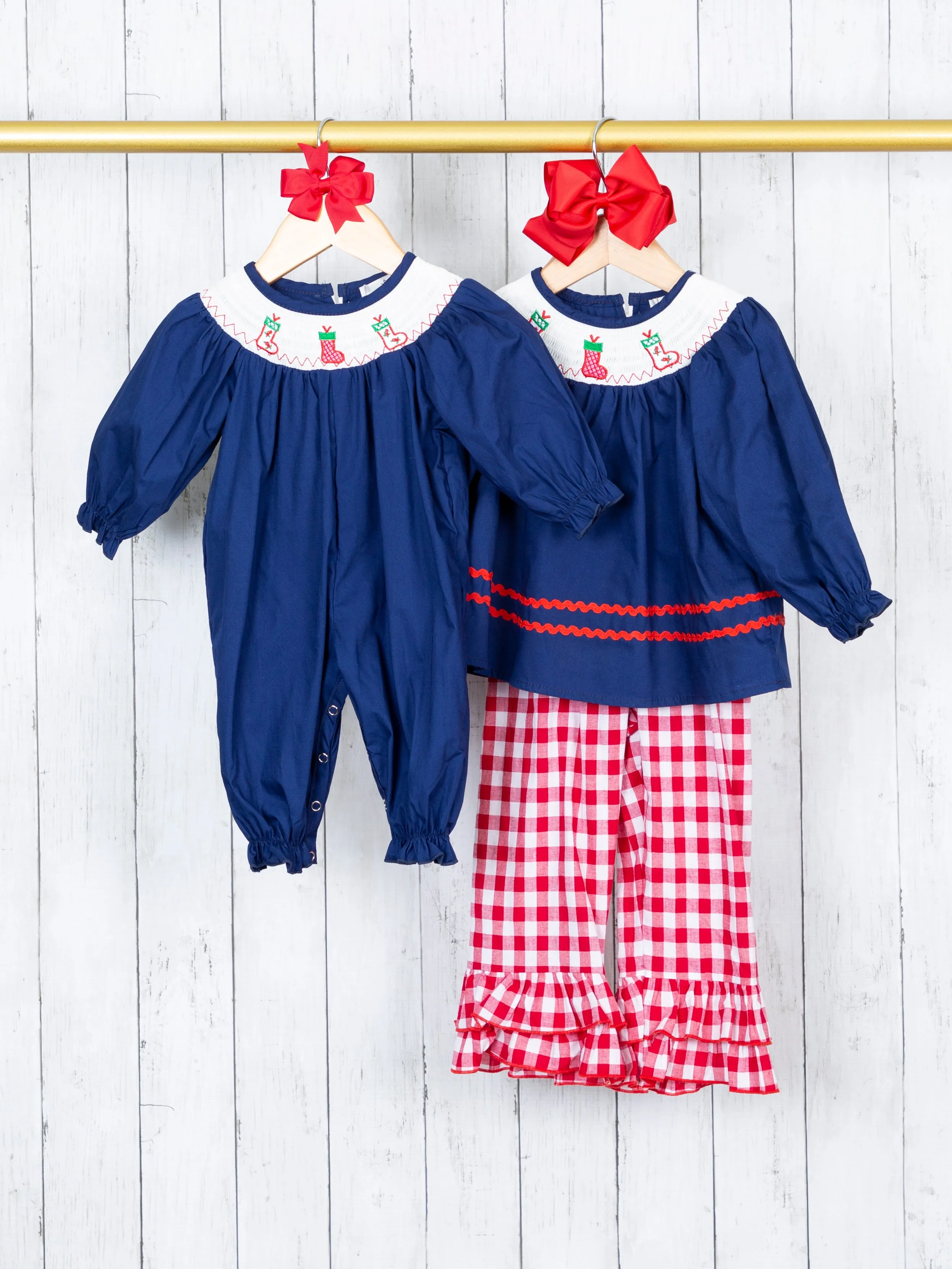 Navy Stocking & Red Gingham Smocked Ruffle Outfit