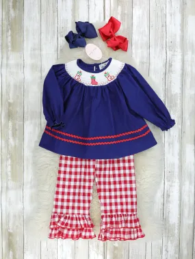 Navy Stocking & Red Gingham Smocked Ruffle Outfit