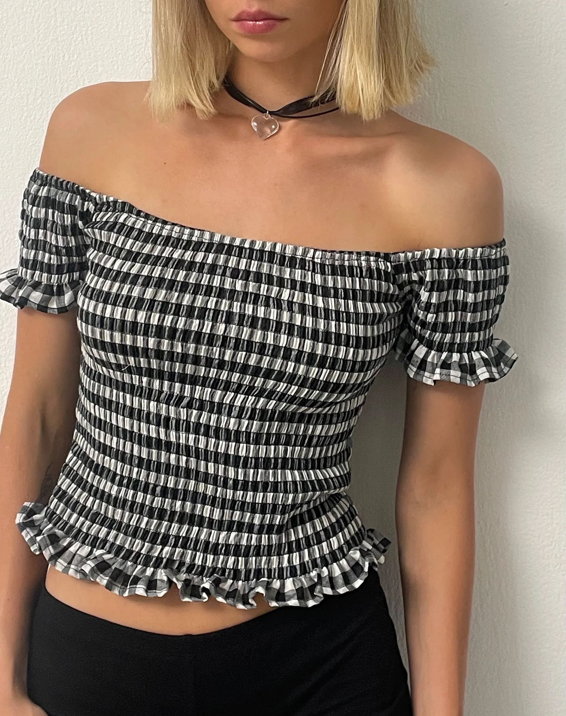 Neema Shirred Bardot Top in Mini Gingham Black and White