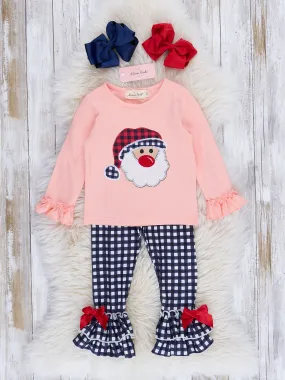 Peach & Navy Gingham Santa Ruffle Outfit