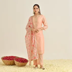 Peach Straight Festive Kurta Set with Printed Dupatta & Yoke Detail