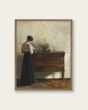 "Woman reading by dresser" Art Print