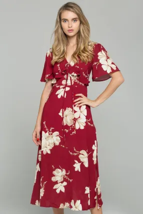 Red V-Neck Floral Print Drawstring Ruffled Midi Dress