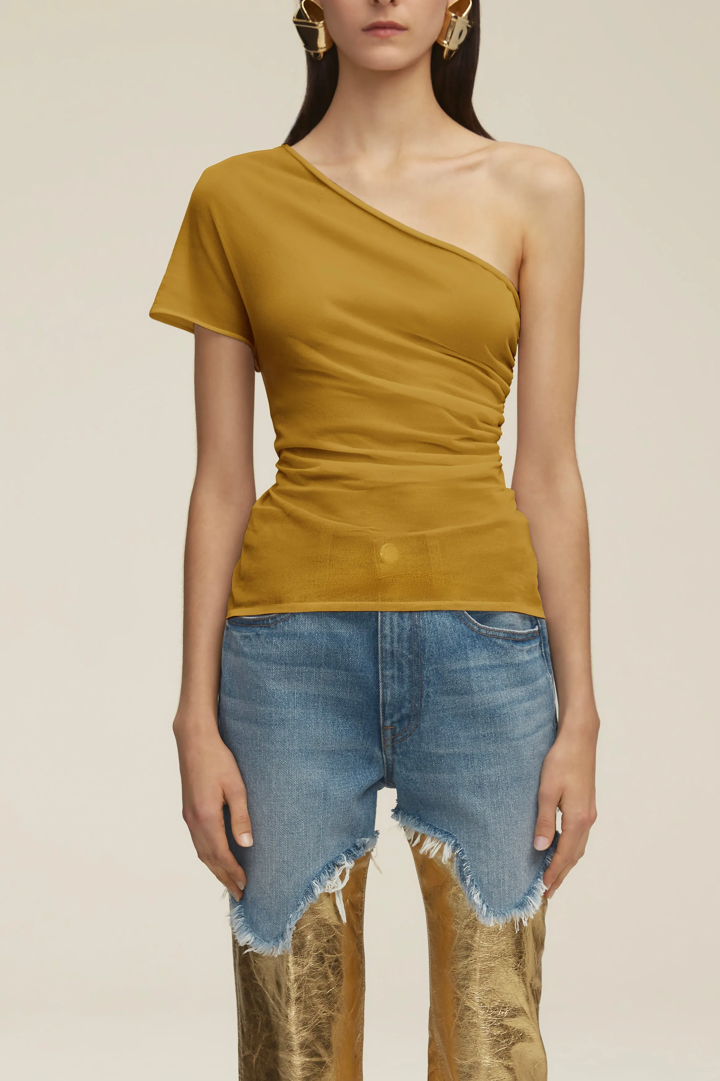 The Leah One Shoulder Sheer Knit Tee in Dried Tobacco