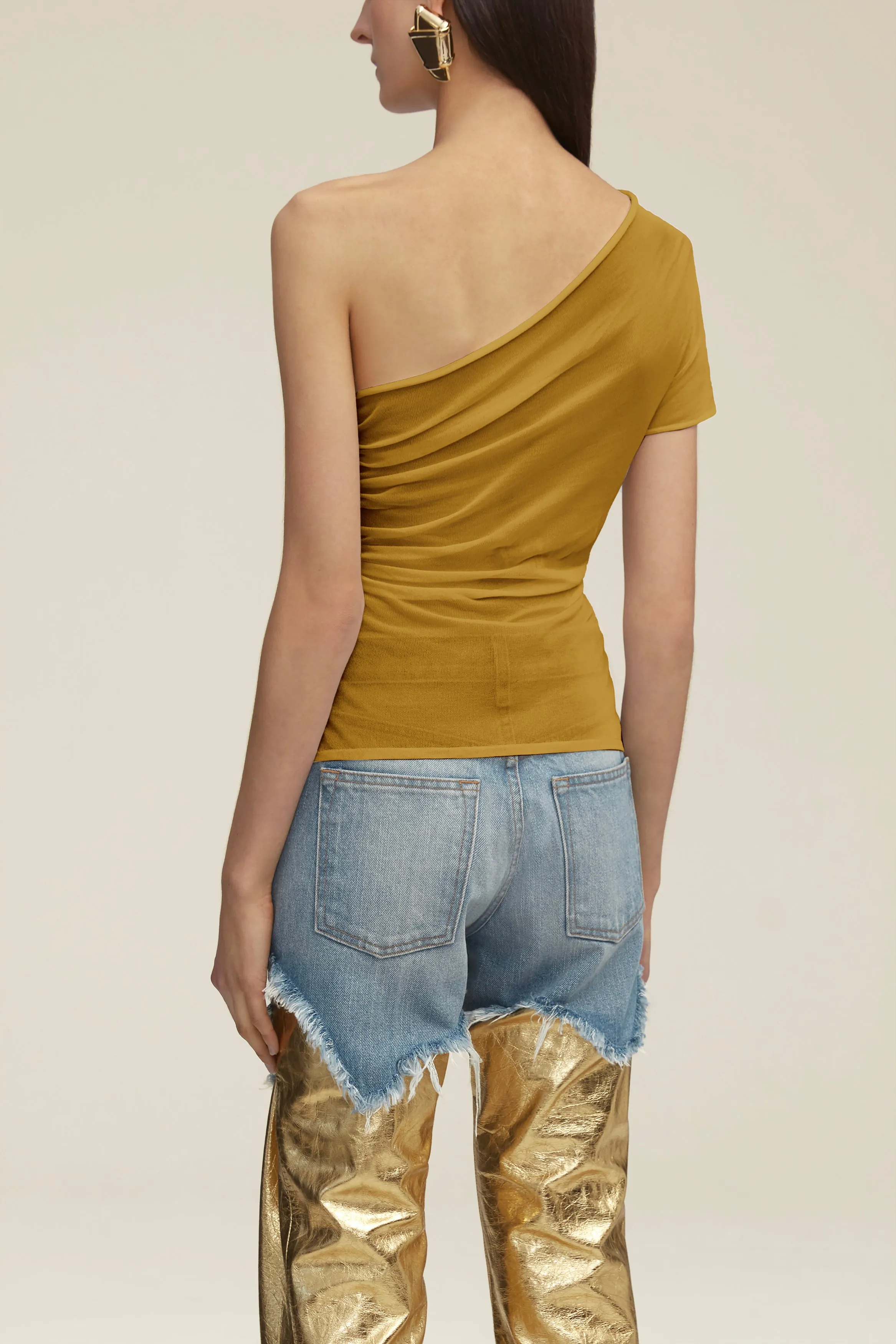 The Leah One Shoulder Sheer Knit Tee in Dried Tobacco