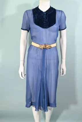 Vintage 30s Blue Chiffon & Velvet Dress, Peter Pan Collar Short Sleeve Dress M